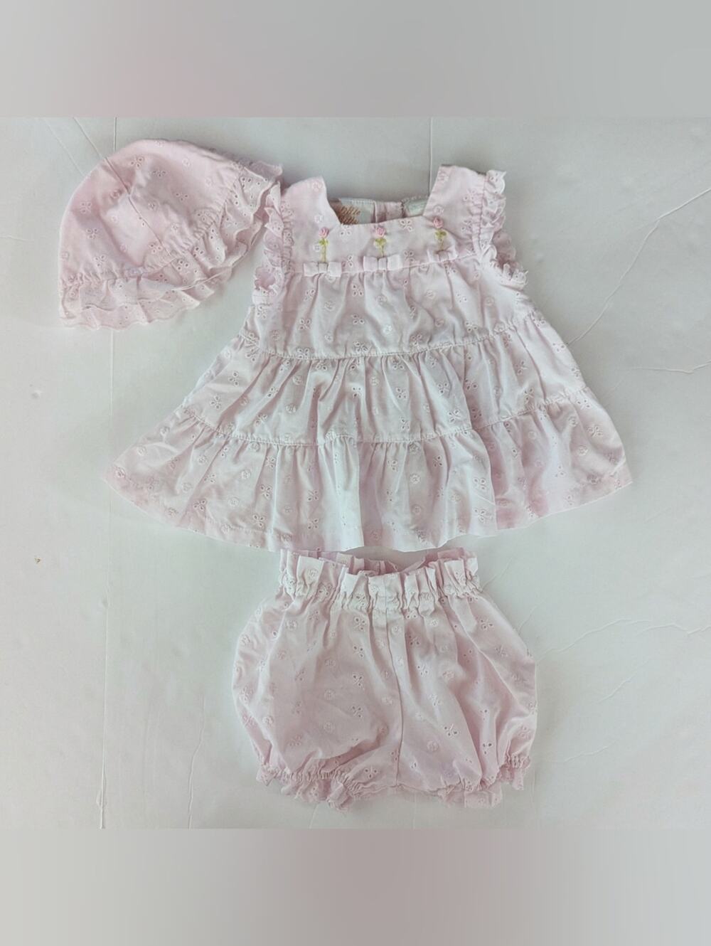 Vtg 90s Little Bitty 6m Baby Dress Eyelet Pink Hat